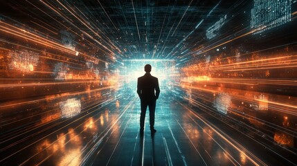 Obraz premium Silhouette of Man in Digital Tunnel