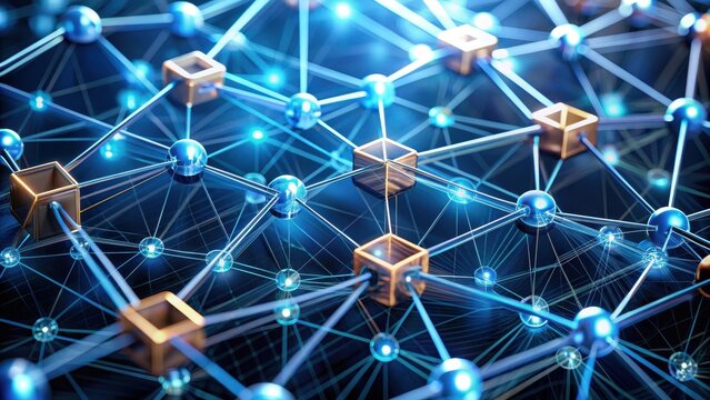 Close-up view of interconnected blockchain nodes, decentralized technology, blockchain, nodes, interconnected