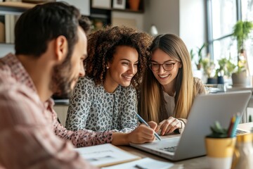 Obraz premium Financial Adviser Assisting Young Couple in Planning for First Home Purchase with Warm Tones (Side Angle)