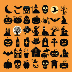 Collection Of Halloween icon set Vector Silhouettes Illustration
