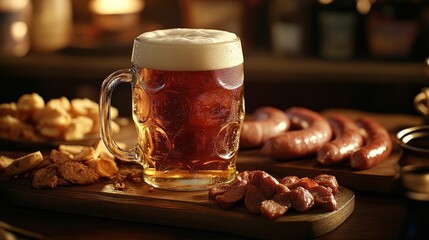 Glass of beer with foam accompanied by sausages and bread, creating a warm atmosphere