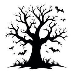 Black silhouette Halloween tree with bats Isolated on a white background