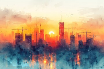 A city skyline with a large sun in the sky