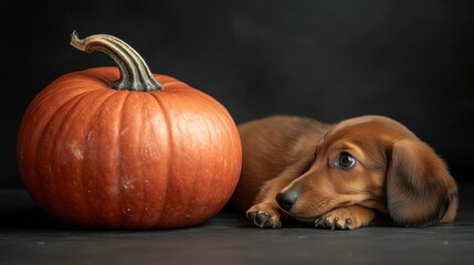 Adorable dachshund puppy lying next to a large pumpkin on a dark background