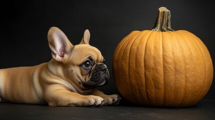 Curious French bulldog puppy lying next to a large pumpkin on a dark background
