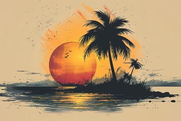 A sunset over the ocean with a palm tree in the foreground