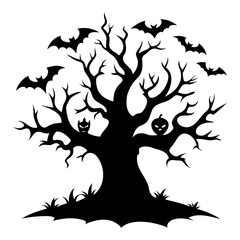 Black silhouette Halloween tree with bats Isolated on a white background