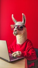 Fototapeta premium Llama wearing sunglasses working on laptop at desk