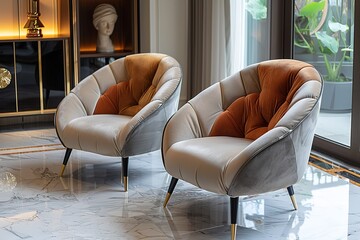 Two chairs with orange pillows are sitting in front of a window
