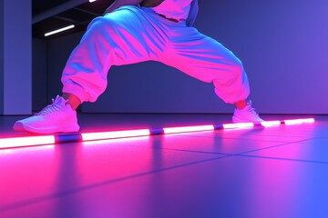 Close Up of a Dancers Feet in Neon Lit Sneakers Capturing the Energy and Rhythm of Urban Dance in a Modern Tech Inspired Studio