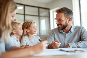 Obraz premium Financial Adviser Providing Insurance Guidance to Young Family in Bright Room - Side View