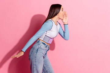 Photo of excited nice lovely girl wear blue stylish clothes scream kiss empty space isolated on...