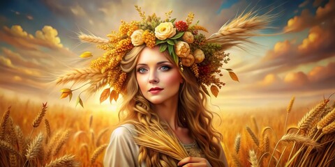 Virgo zodiac sign depicted as a harvest maiden in a detailed , Virgo, zodiac, astrology, harvest, maiden,earth sign
