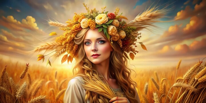 Virgo zodiac sign depicted as a harvest maiden in a detailed , Virgo, zodiac, astrology, harvest, maiden,earth sign