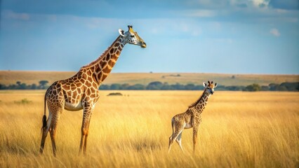 Obraz premium Giraffe mother standing tall next to calf in savannah grasslands, giraffe, mother, calf, wildlife, Africa, savannah, tall