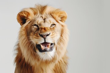 Close-up Portrait of a Roaring Lion with Majestic Mane against White Background