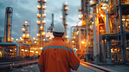 Naklejka premium A man in an orange jacket is standing in front of a large industrial plant