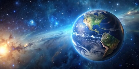 Obraz premium Planet Earth floating in space with a backdrop of stars, Earth, space, planet, universe, global, cosmic, galaxy