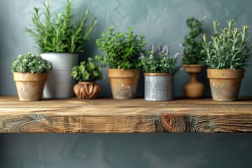 A wooden shelf with a variety of potted plants, including lavender and rosemary