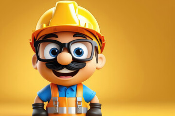 man in builder uniform, 3d illustration. funny illustrated construction worker on yellow backdrop.