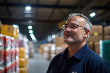 Fototapeta premium Experienced Senior Business Owner Managing Warehouse Logistics Under Bright Lights