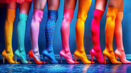 Fashion image of women legs wearing colorful stockings and high heels posing on blue background