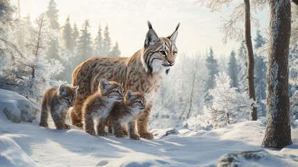 Lynx Family in a Snowy Forest