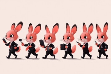 Cute cartoon foxes in suits working in different roles