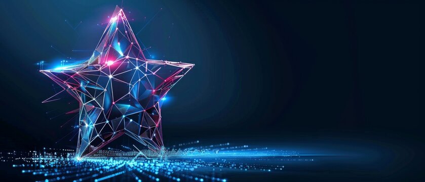 digital wireframe low poly blue star, symbolizing  performance recognition and excellence, high-quality rating, personal development.
