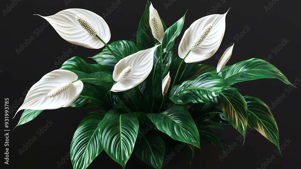 Poster white peace lily flowers with green leaves