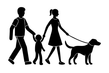 Minimalist Family Silhouette with Dog - Simple Family Outing Vector Illustration