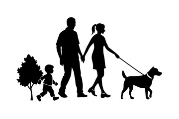 Minimalist Family Silhouette with Dog - Simple Family Outing Vector Illustration