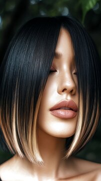 A closeup of a model with bob-cut black hair and blonde balayage highlights, partially obscured by her hair, against a blurred natural background, wearing business attire and soft pink lipstick