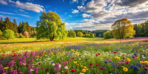 Obraz premium Spring meadow with colorful flowers surrounded by lush trees in Masuria, Poland , spring, meadow, flowers, trees, forest, green