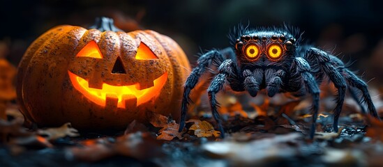 Haunting Halloween Scene with Jack o Lantern and Spooky Spider on Autumn Forest Floor