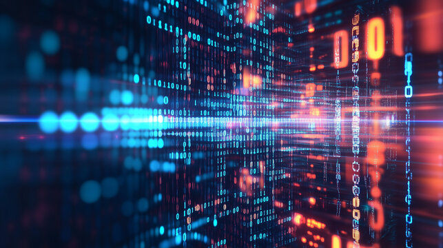 An abstract digital background with binary code and AI algorithms running in the background