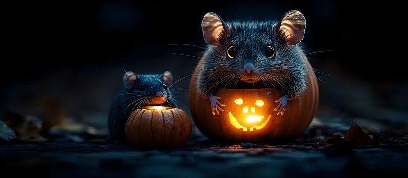 Haunting Halloween Pumpkin Lantern and Zombie Rat in Hyper Detailed Realism