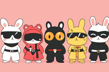 Fototapeta premium Cute Cartoon Animal Characters Wearing Sunglasses and Belts