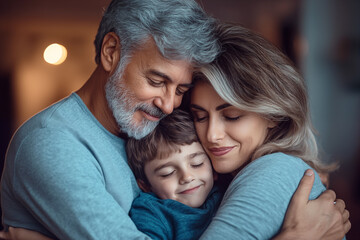 Family moment. A middle-aged Caucasian father and mother embrace their son in house indoors. Parent-child relationships and tenderness.
