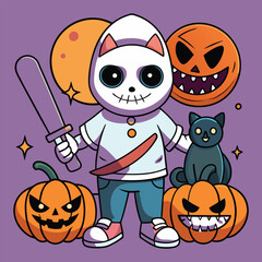 Cute Ghosts Pumpkin Halloween Vector Illustration
