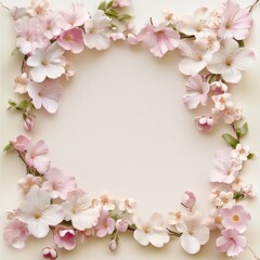 Pink and white delicate flowers forming a square frame on a cream background.