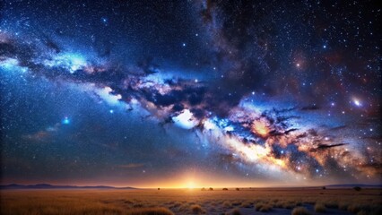 Fototapeta premium Vast landscape under starry night sky with distant galaxies, space, landscape, stars, galaxies, peaceful, serene