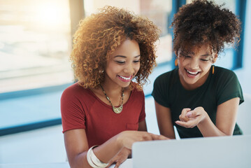 Happy, pointing and reading of project, women and planning in office, web designer or help with...