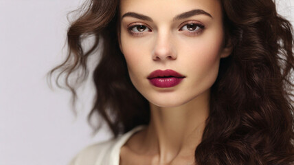 Fototapeta premium Close up studio portrait of natural beautiful woman with plum red lipstick