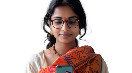 an indian smart women using phone , white background