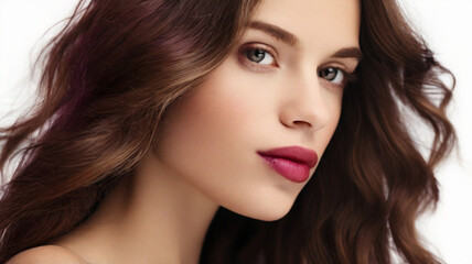 Fototapeta premium Close up studio portrait of natural beautiful woman with plum red lipstick