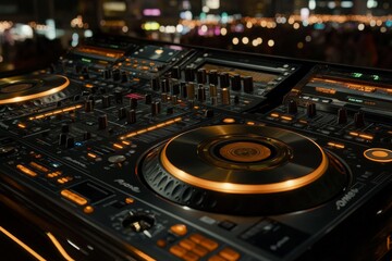 DJ Mixing Tracks on a High Tech Console in a Vibrant Studio Capturing the Precision Rhythm and Energy of Modern Music Production