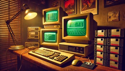 Sleek Retro 80s Computer Setup with Neon Glow