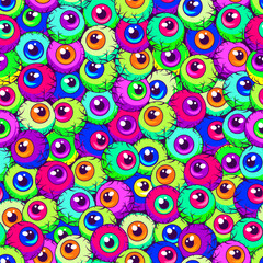 Seamless neon pattern with colorful eyeballs. Densely packed eyes. Surreal, psychedelic illustration for Halloween holiday.