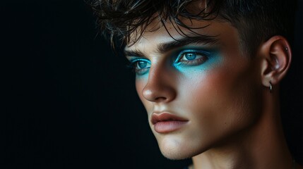 Fototapeta premium Male Model with Bold Blue Eye Shadow Against a Black Background